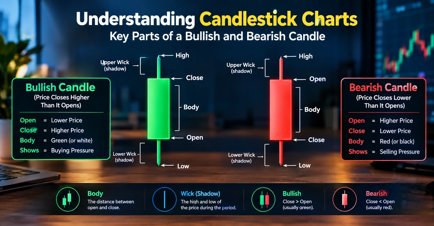Bullish and bearish crypto candlestick with open, high, low, and close labeled