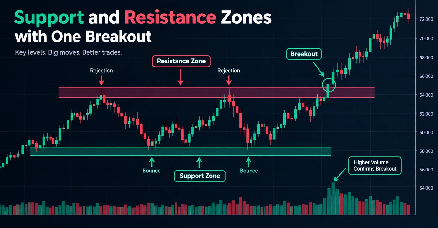 Crypto chart showing support and resistance zones with a breakout