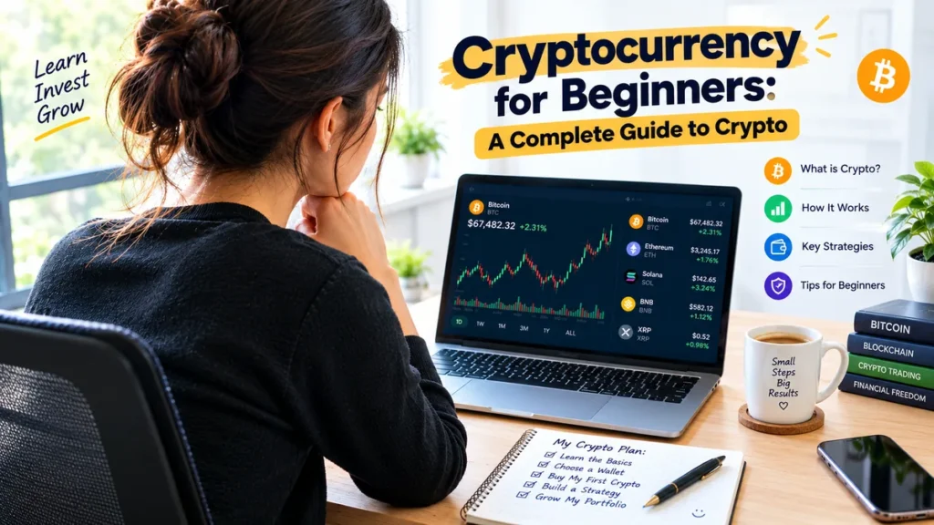 Cryptocurrency for beginners guide — person learning about crypto on a laptop