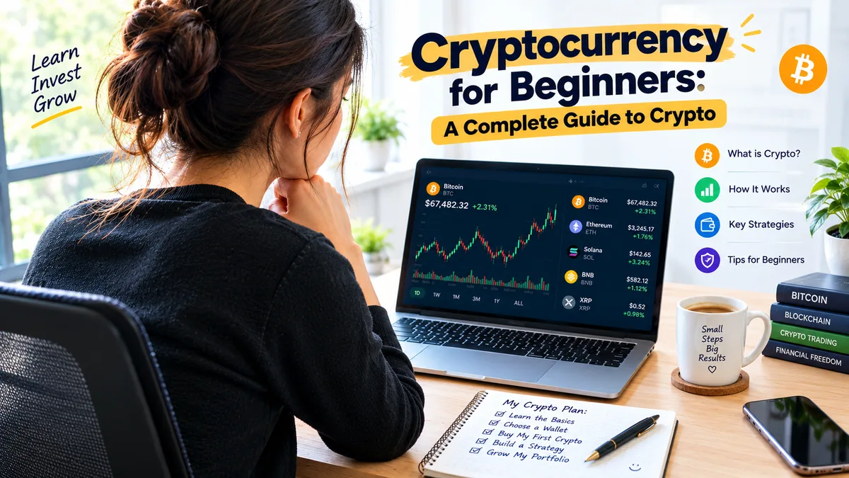 Cryptocurrency for beginners guide — person learning about crypto on a laptop