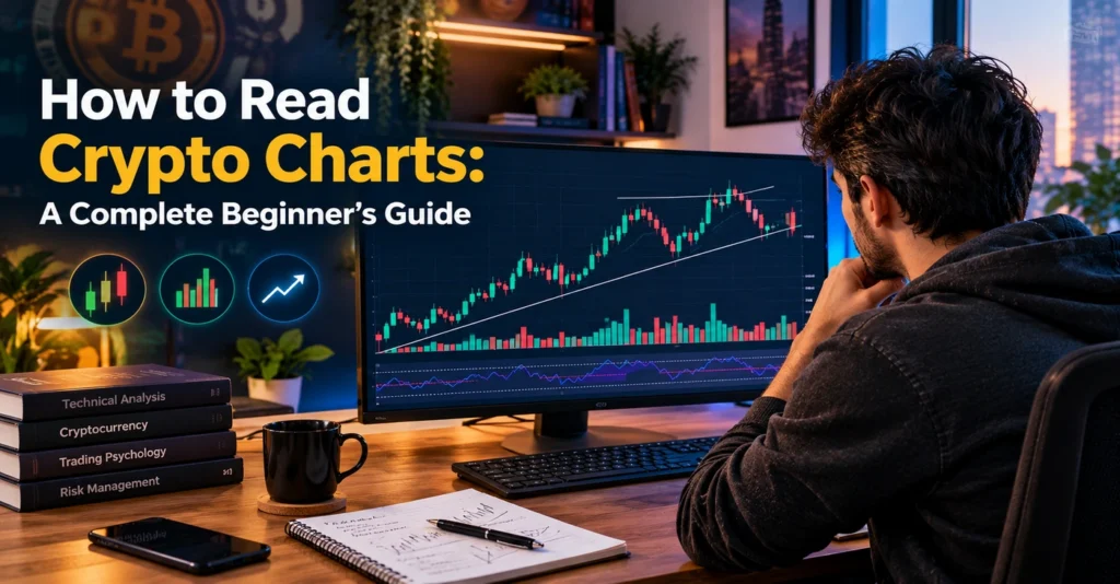 How to read crypto charts: beginner's guide with candlesticks, volume, and trend line