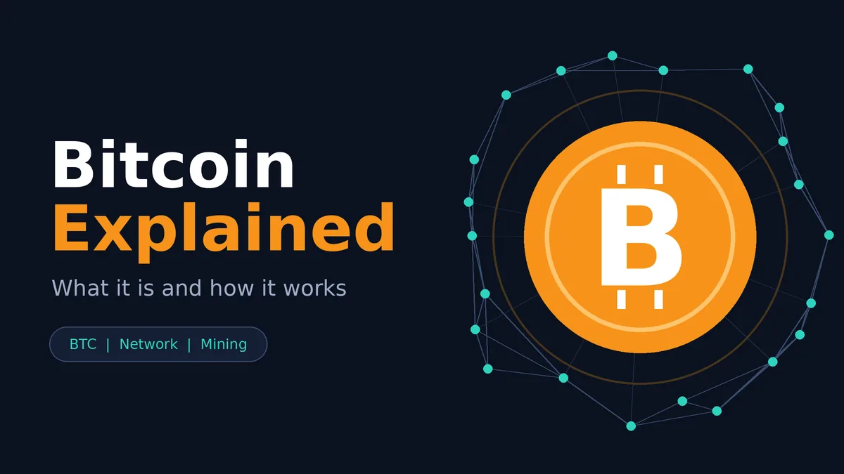 Bitcoin explained: BTC coin with blockchain network connections and the title What it is and how it works