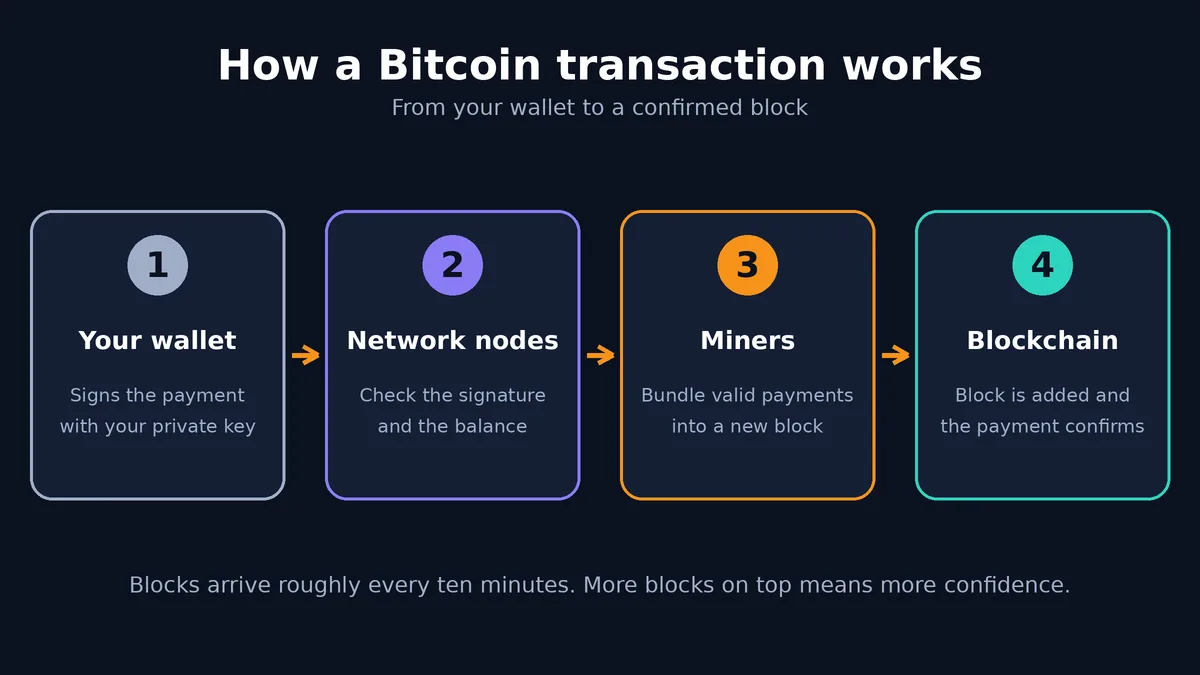 Diagram showing how a Bitcoin transaction moves from a wallet to network nodes, miners and the blockchain